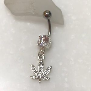 Pot Leaf Weed Marijuana Dangle Belly Button Ring Hemp Clear Gem 14g